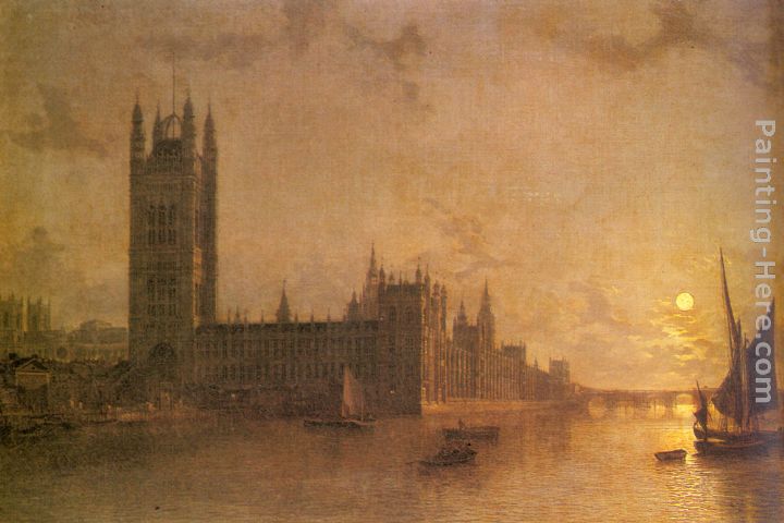 Westminister Abbey, The Houses of Parliament with the Construction of Wesminister Bridge painting - Henry Pether Westminister Abbey, The Houses of Parliament with the Construction of Wesminister Bridge art painting